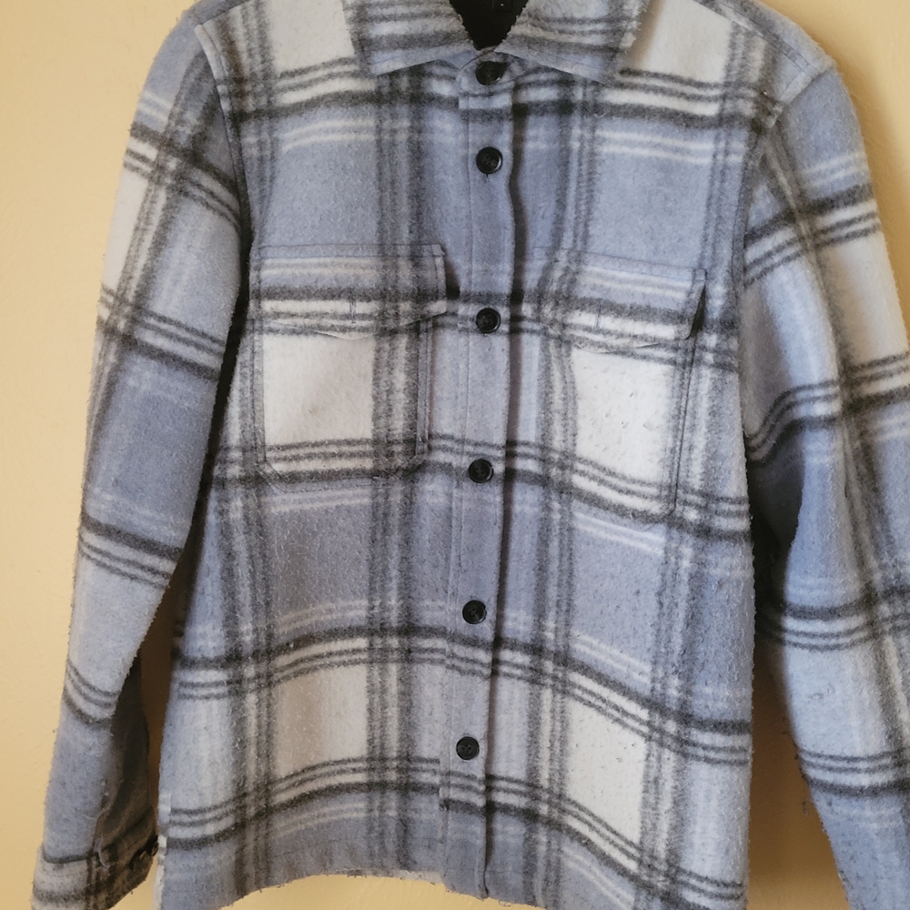 Express Blue and Gray Plaid Utility Jacket